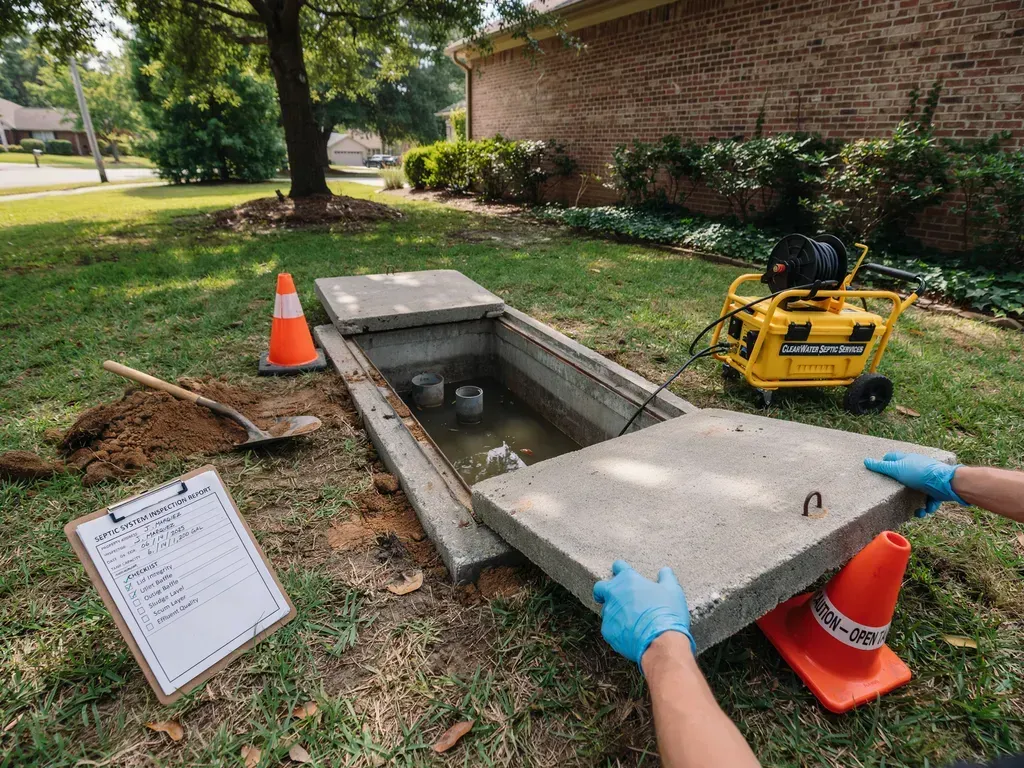 Open utility vault in grass with orange cones, blue-gloved hands lifting the concrete lid.