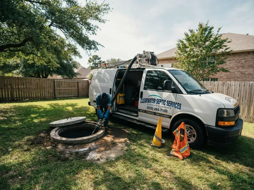 Utility service van parked on grass with hoses, cones, and open equipment at a suburban home