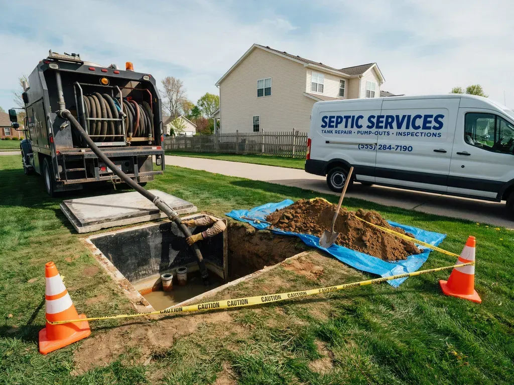 Septic service truck pumping a backyard septic tank beside a house, with a dirt pile, cones, and tarp