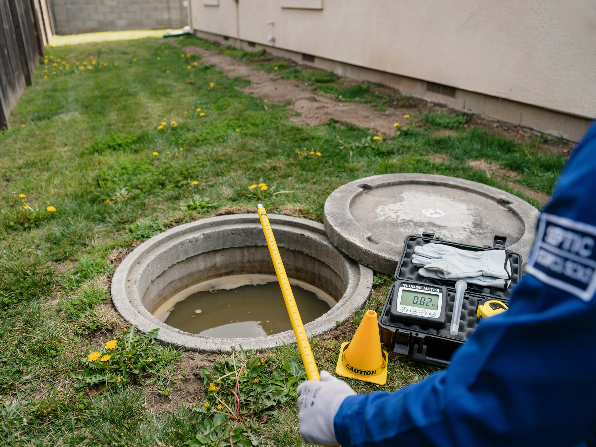 Worker measuring an open utility manhole in a grassy yard with a tape measure and equipment nearby