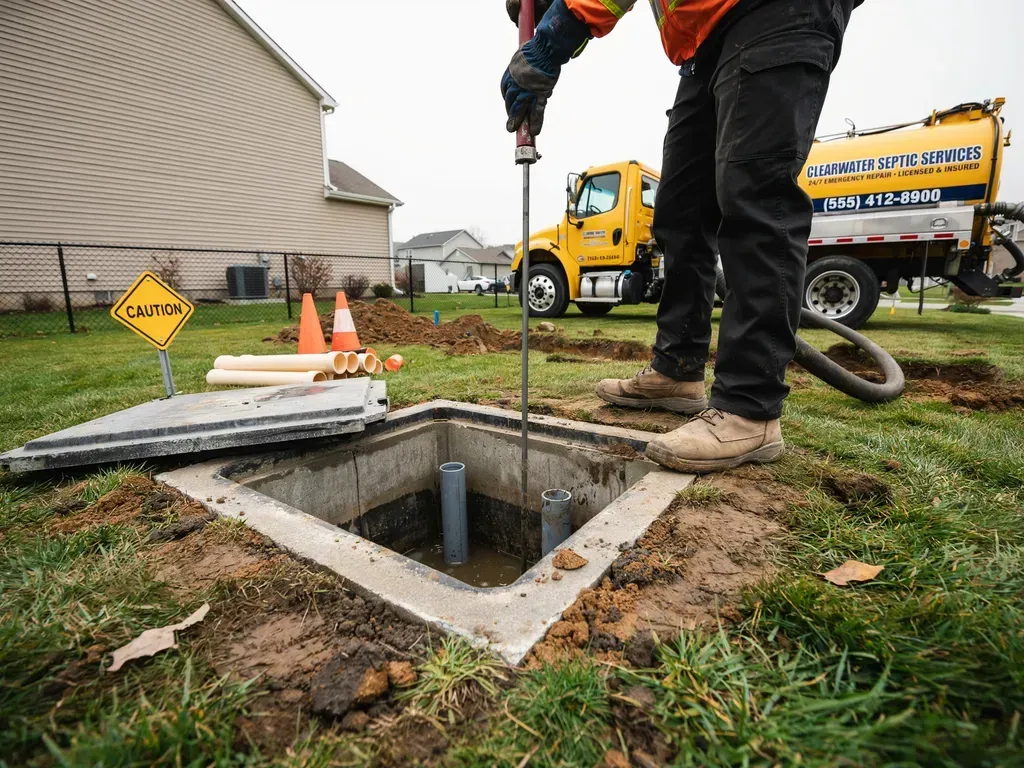 Worker opening a utility manhole beside a truck and traffic cones on a wet grassy roadside