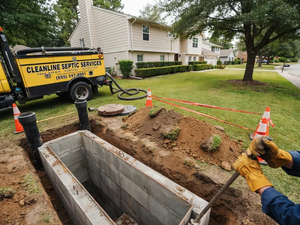 Utility crew repairing a sidewalk trench beside a yellow vacuum truck and orange cones in a residential area