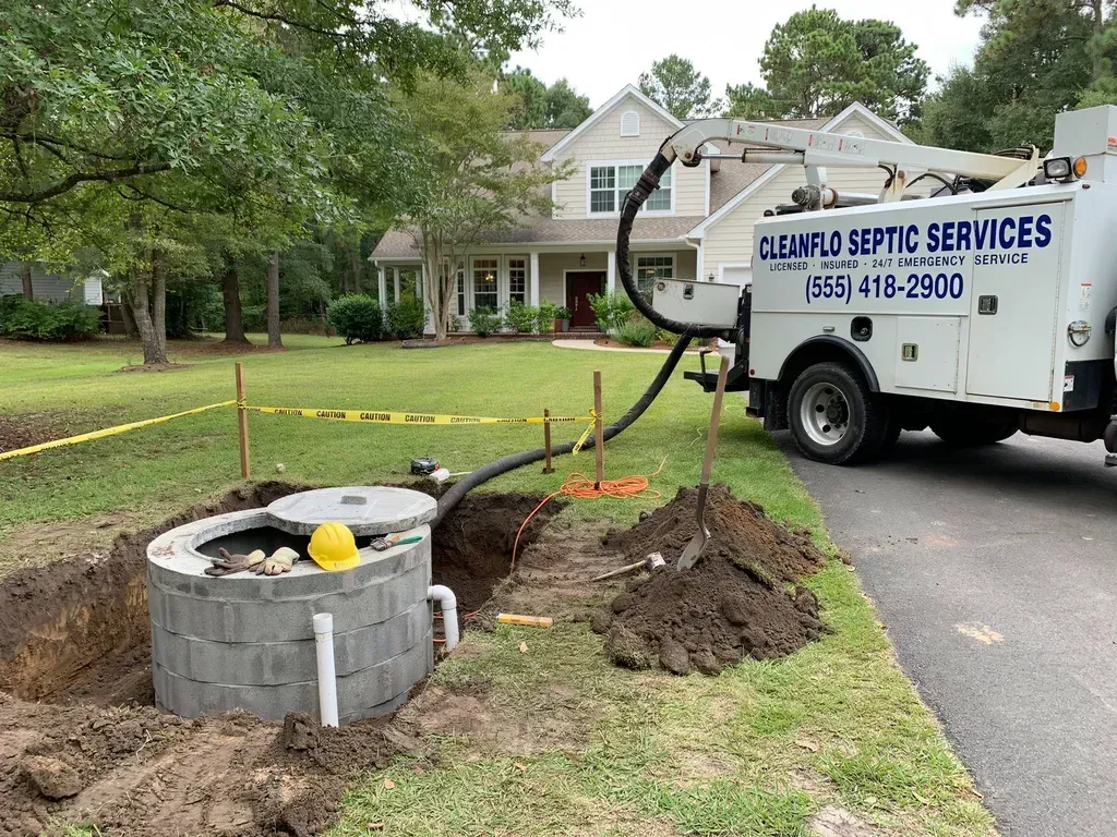 Septic service truck pumping a concrete septic tank in a suburban yard