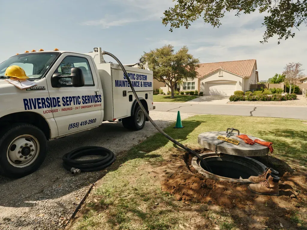 Sewer service truck beside open manhole in a suburban street, with hoses and safety cones nearby