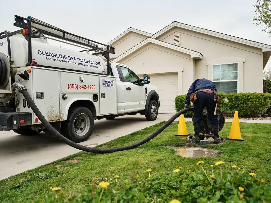 Utility truck cleaning a street drain while a worker uses a hose on a suburban driveway