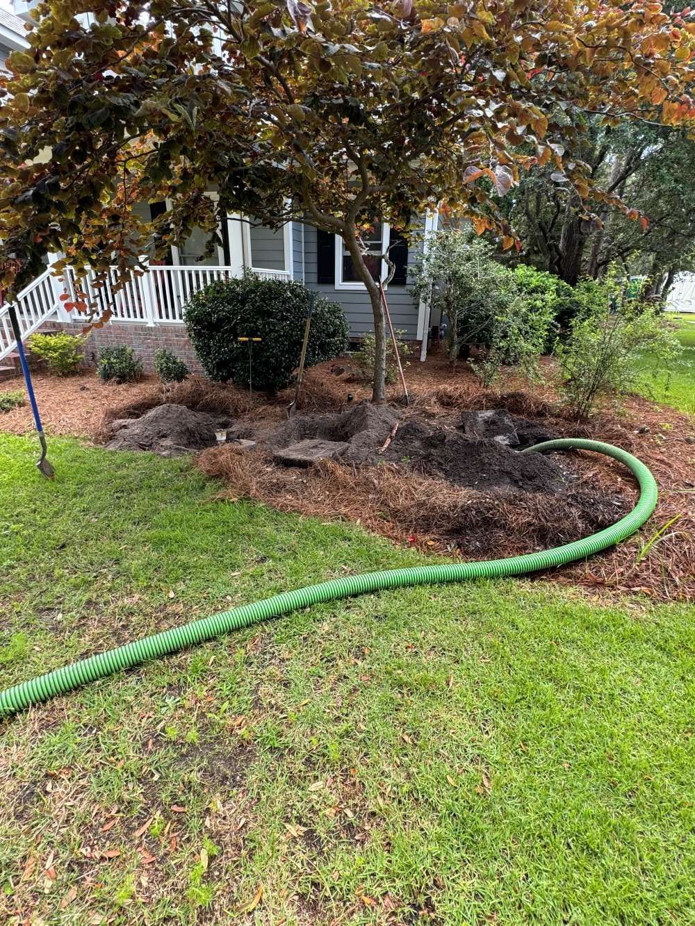 A green hose is sitting in the grass in front of a house.
