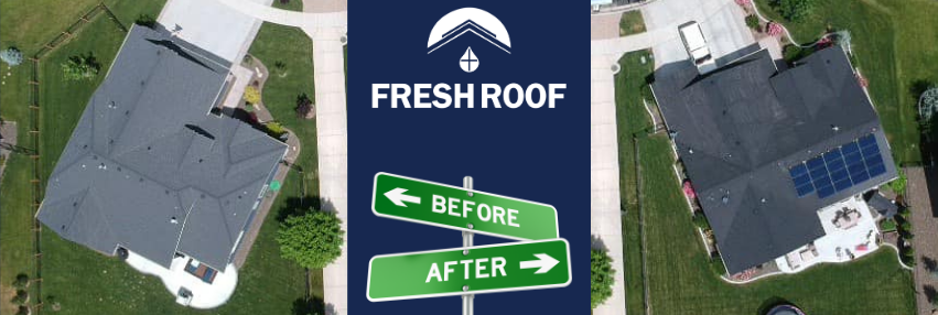 Aerial before-and-after roof Rejuvenation with fresh roof logo 