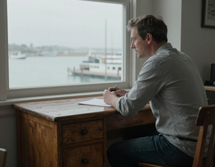 Nantucket writer working at a desk overlooking the harbor