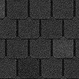 A close-up of dark grey, square-edged roof shingles arranged in a symmetrical, overlapping pattern.