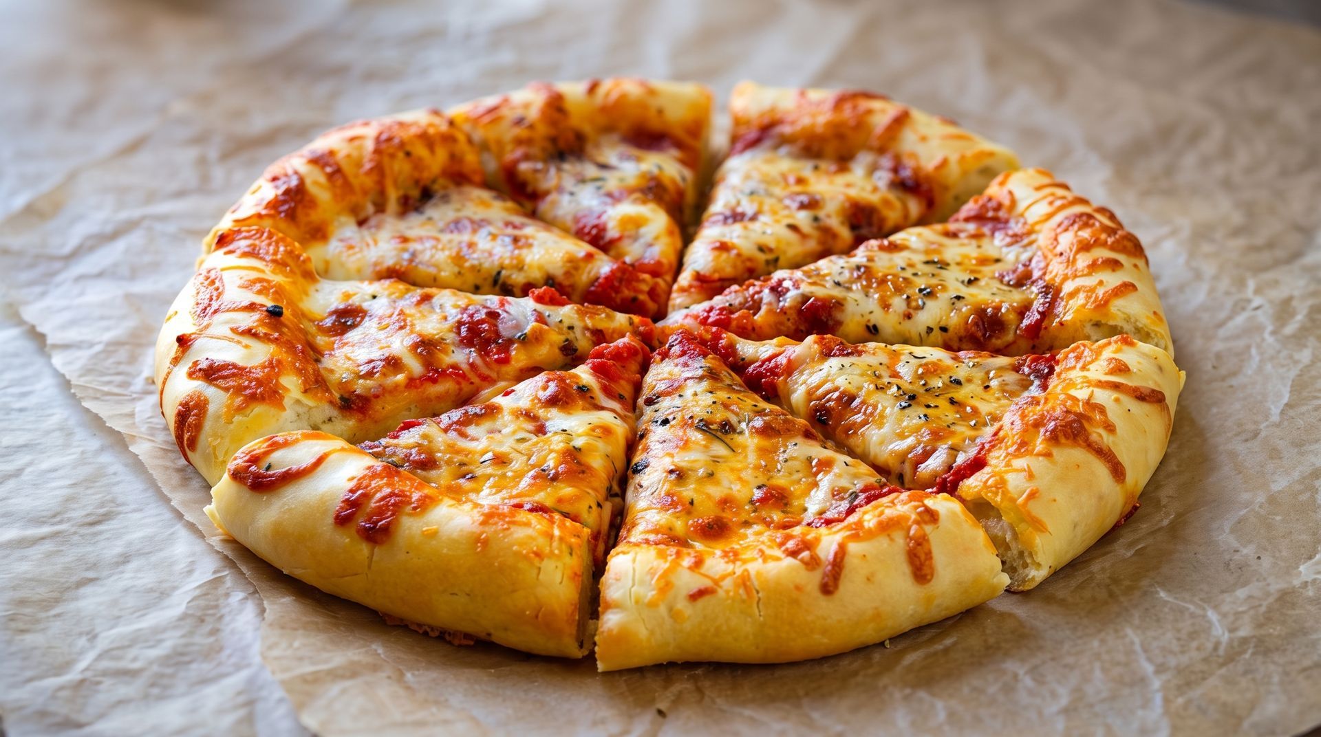 Cheese pizza on parchment paper, sliced into eight pieces, with a golden crust and melted topping