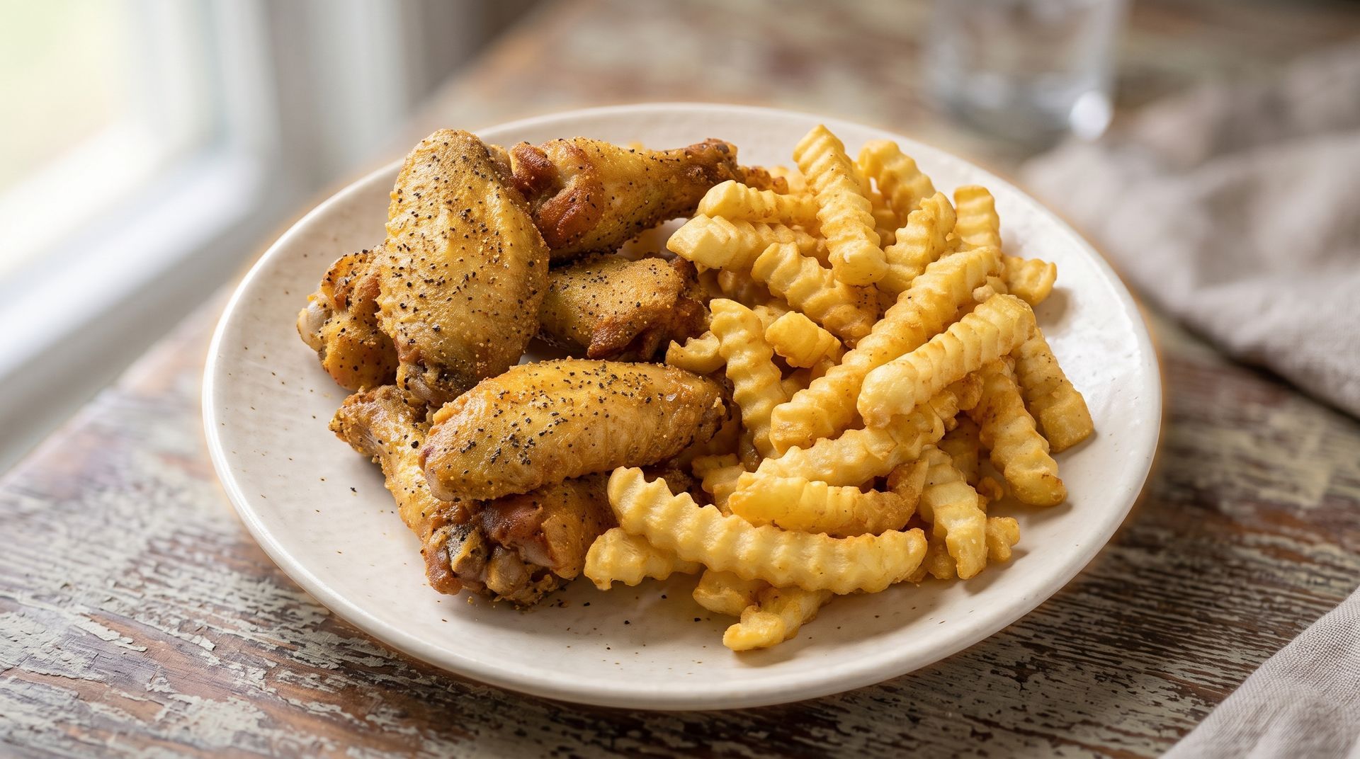 Plate of seasoned chicken legs with crinkle-cut fries on a table by a window