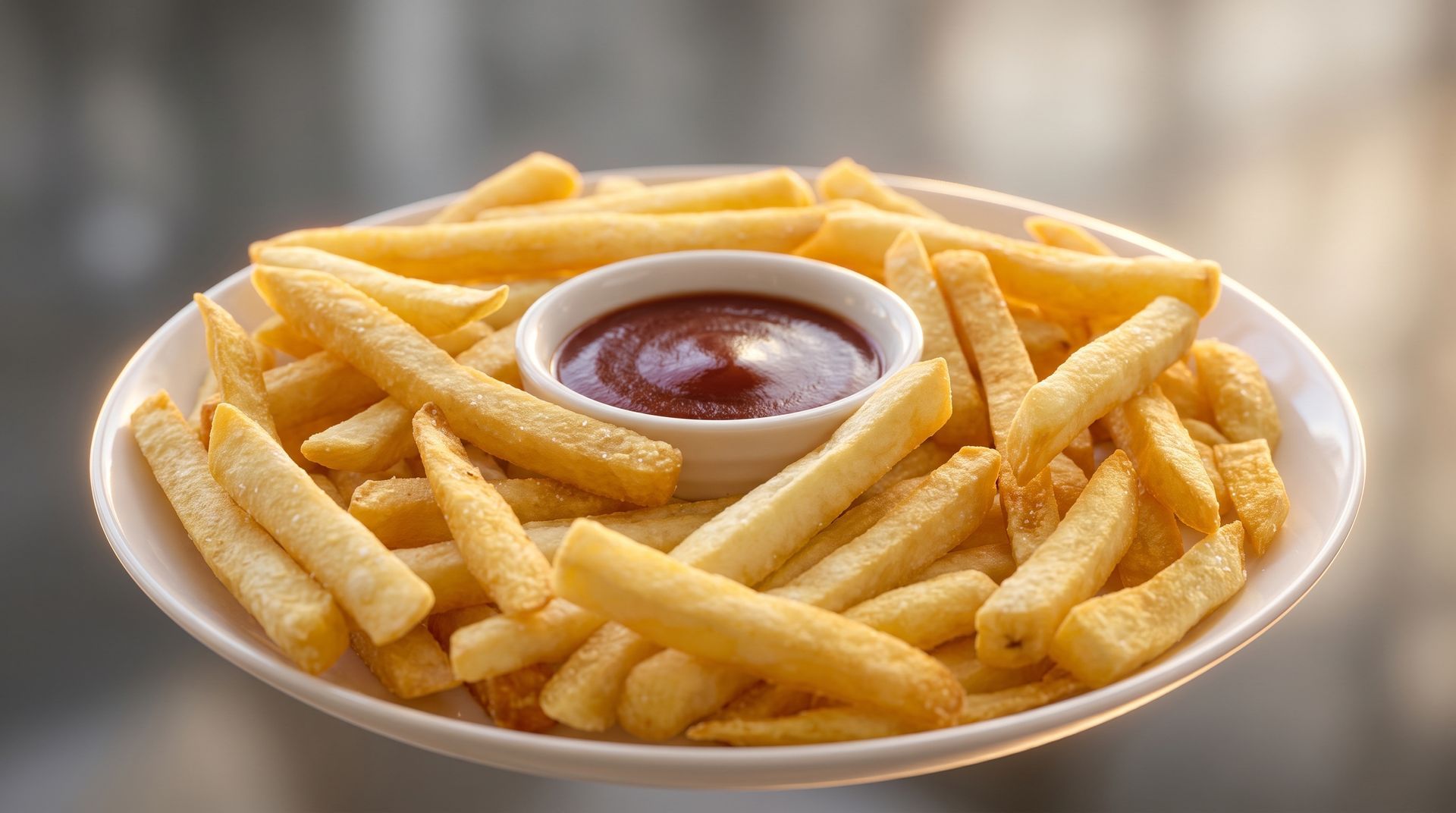 Bowl of French fries arranged around a central cup of ketchup on a white plate
