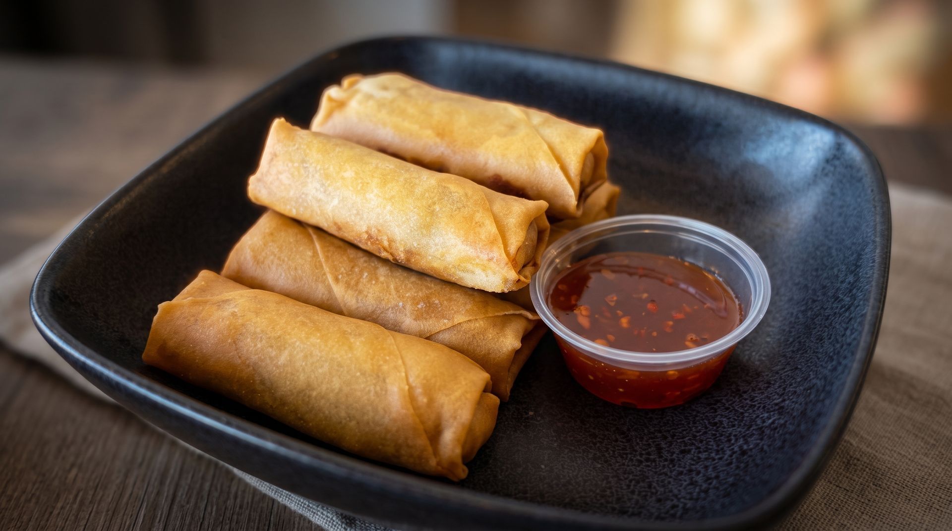 Four golden fried spring rolls on a black plate with a small cup of dipping sauce