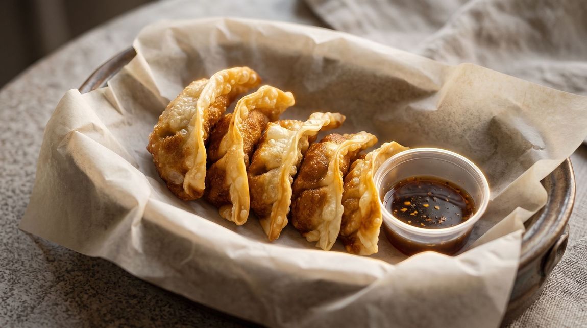 Crispy fried dumplings arranged on parchment with a small cup of dipping sauce