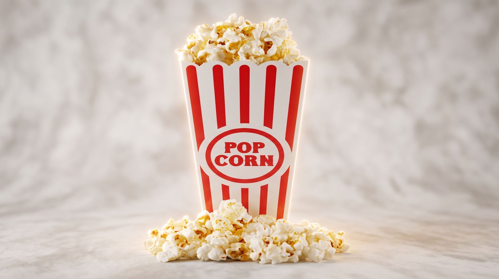 Red-and-white popcorn tub overflowing with popcorn on a light background, with popcorn scattered around.