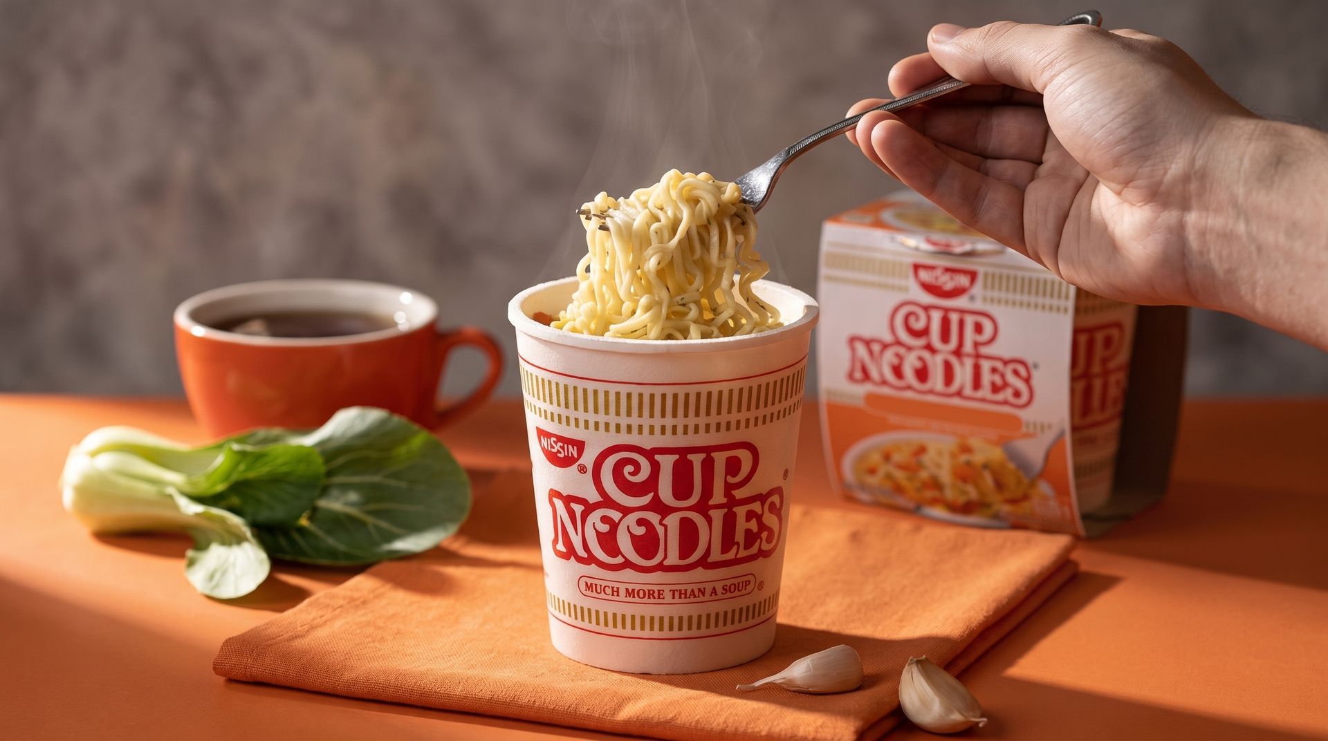 Hand holding chopsticks over steaming cup noodles with bok choy on an orange table beside a cup noodles box