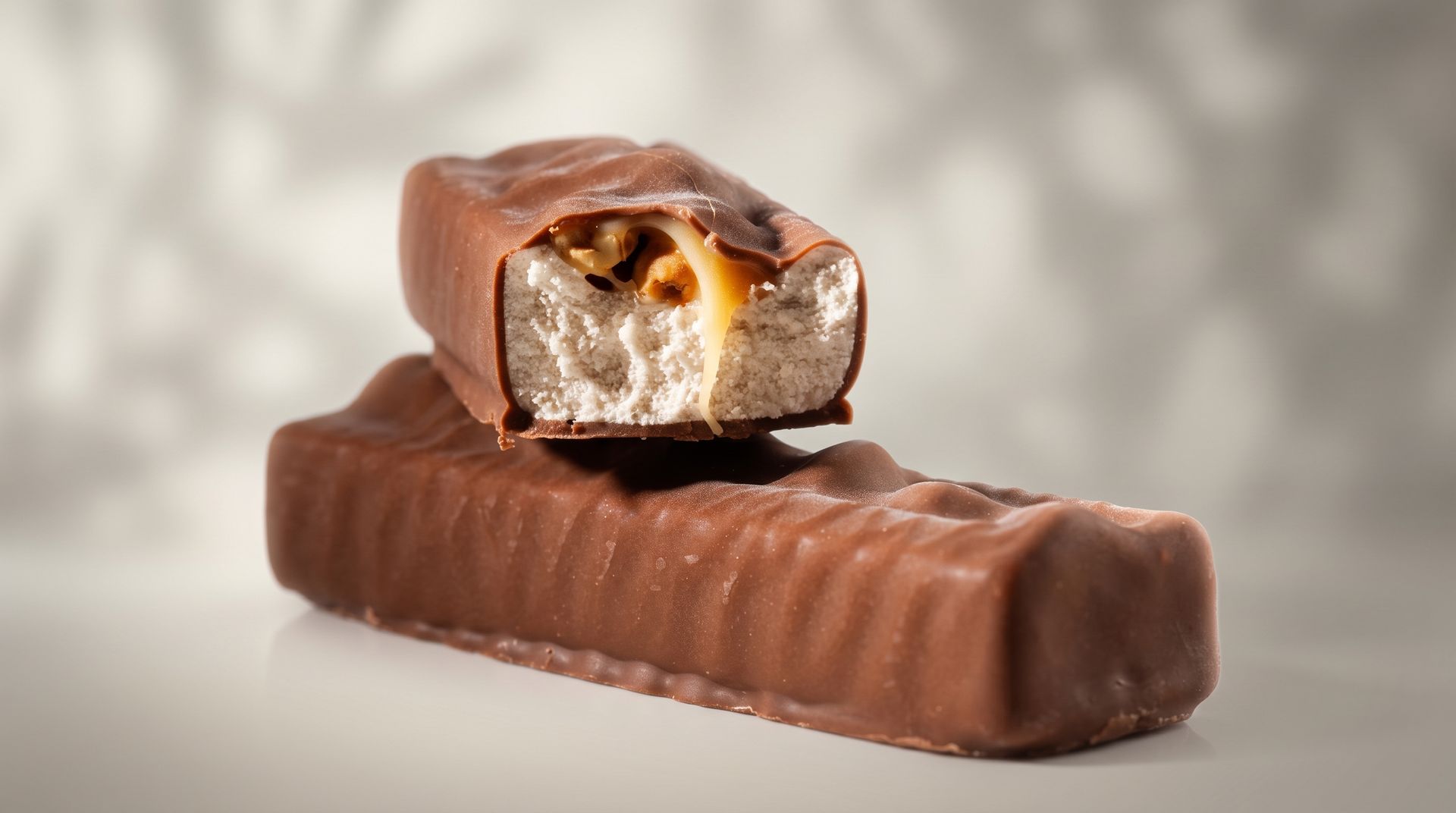 Chocolate caramel candy bars with one bitten bar showing a nougat and caramel center