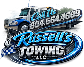 Logo for Russell's Towing LLC featuring a white flatbed tow truck, a blue stylized emblem, and the phone number 804-664-4669.