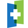 Blue and green rectangles overlap, with a white cross in the center, suggesting healthcare.