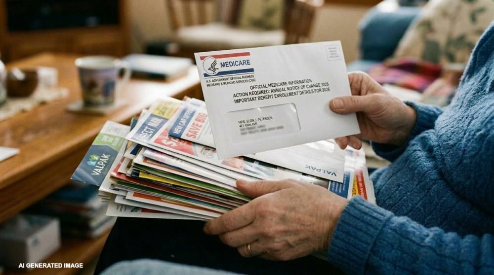 Senior reviewing a Medicare Annual Notice of Change letter among a stack of mail