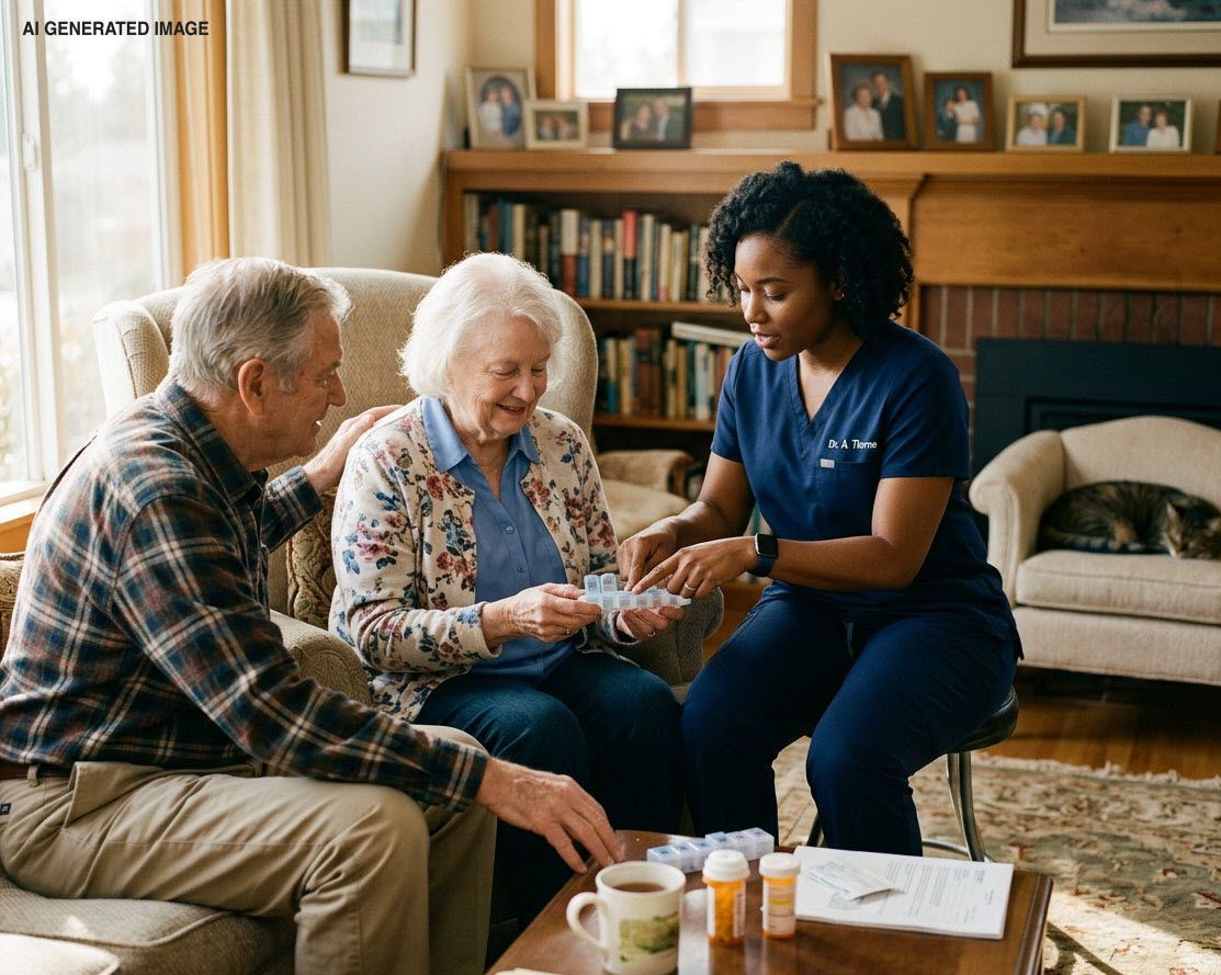 A nurse assists a woman in her living room, near a coffee table.