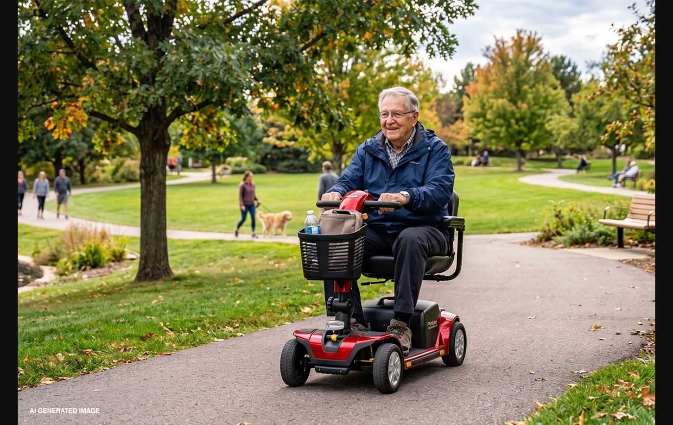Older adult riding a red mobility scooter on a park path