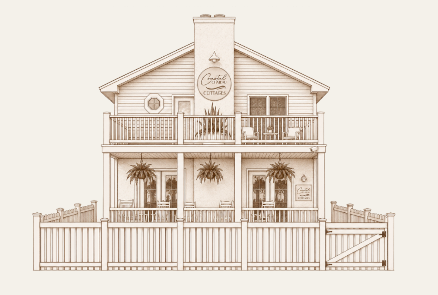Sepia line drawing of a two-story house with porch, balcony, fence, and central tower sign
