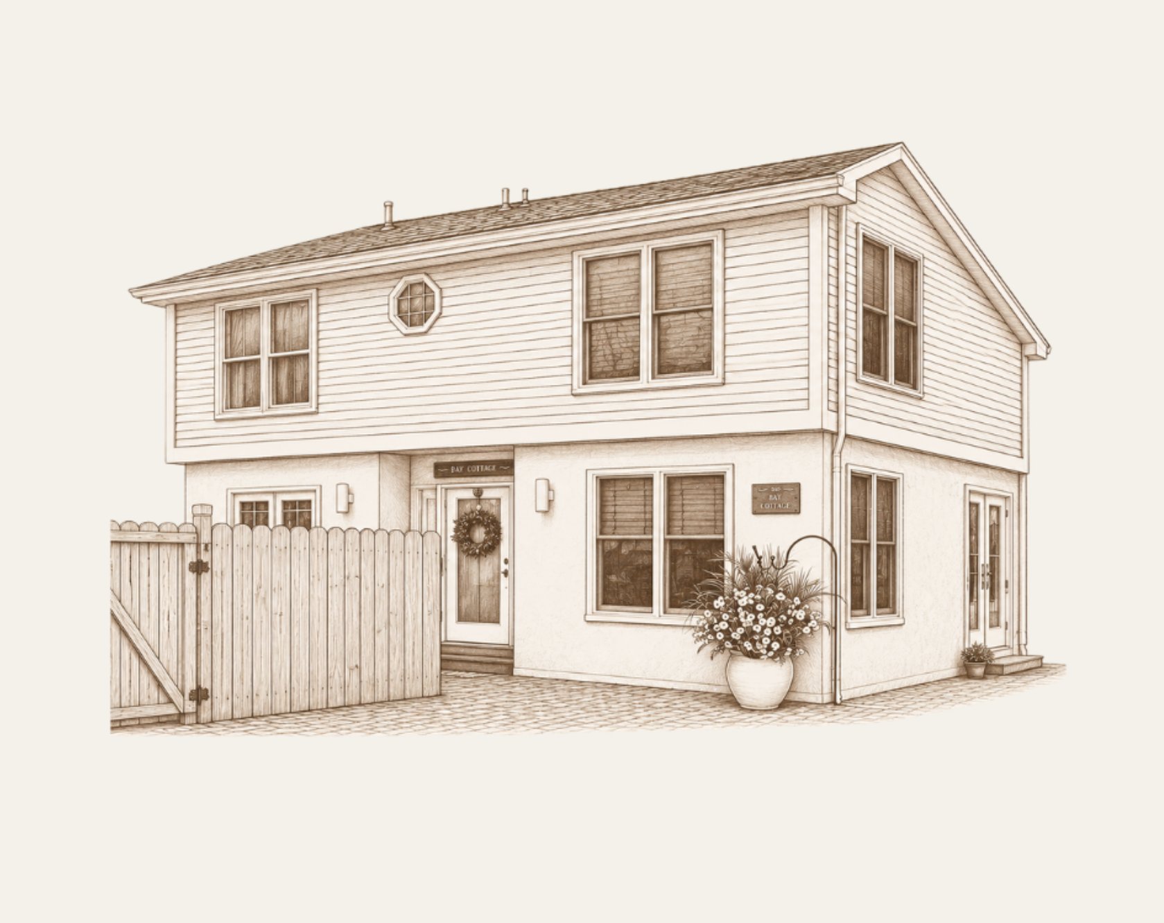 Sepia-toned illustration of a two-story house with a fenced front yard and potted plant by the door