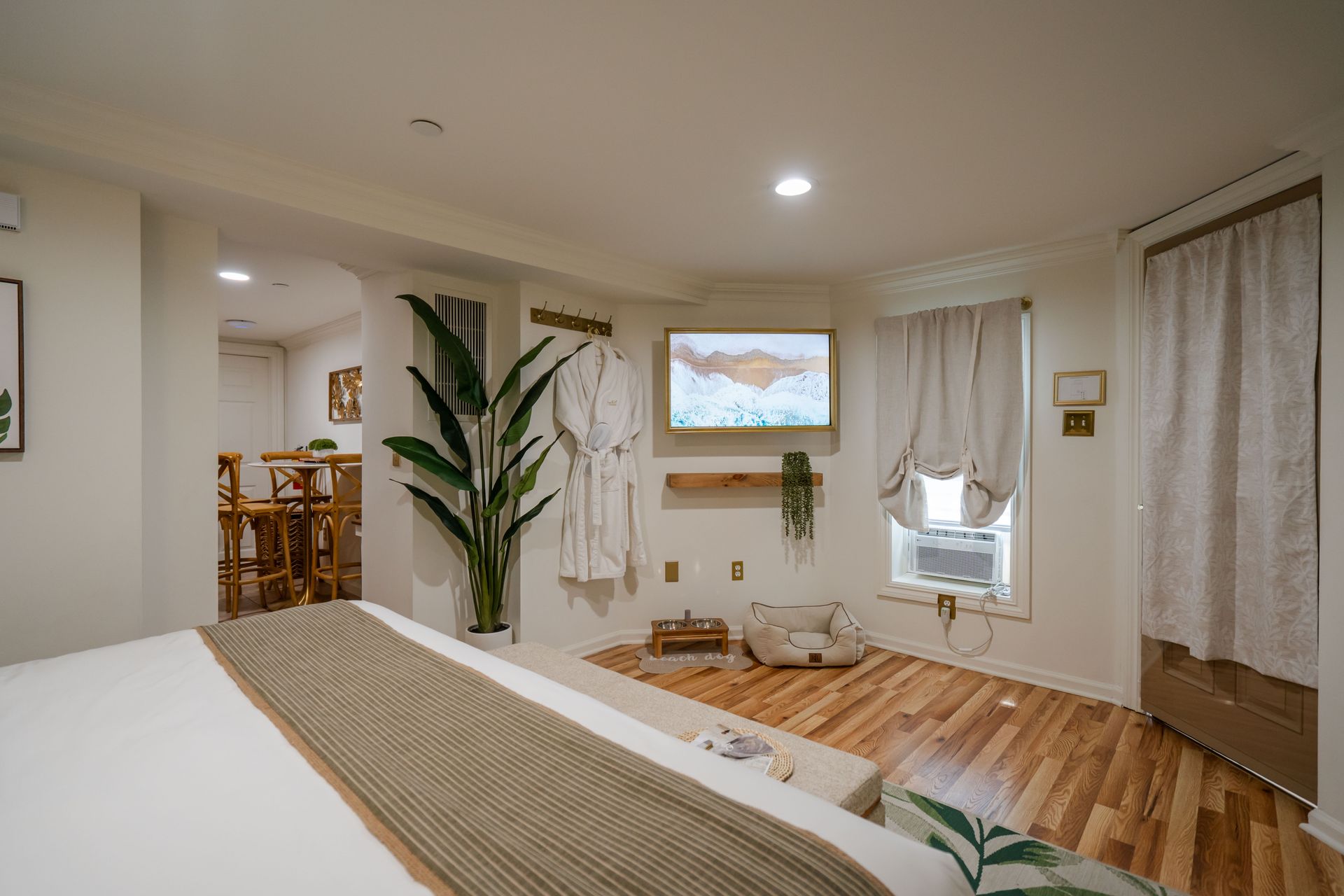 Bedroom with bed, TV, robe, houseplant, hardwood floor, and a small pet bed.