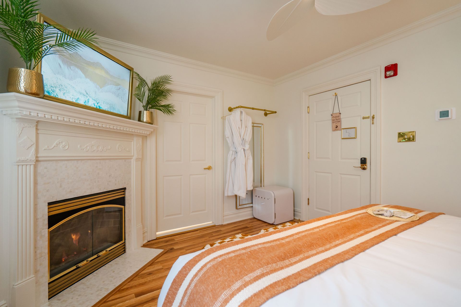 Cozy bedroom with fireplace, TV, and robe hanging near a closed door.