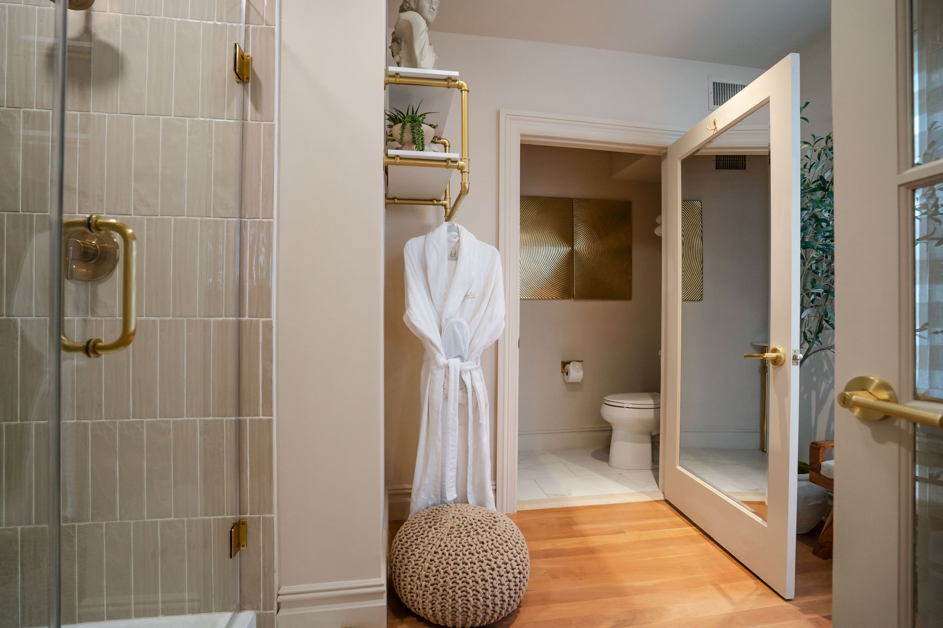 Bathroom with a shower, a toilet, and a robe hanging near a small shelf with plants.