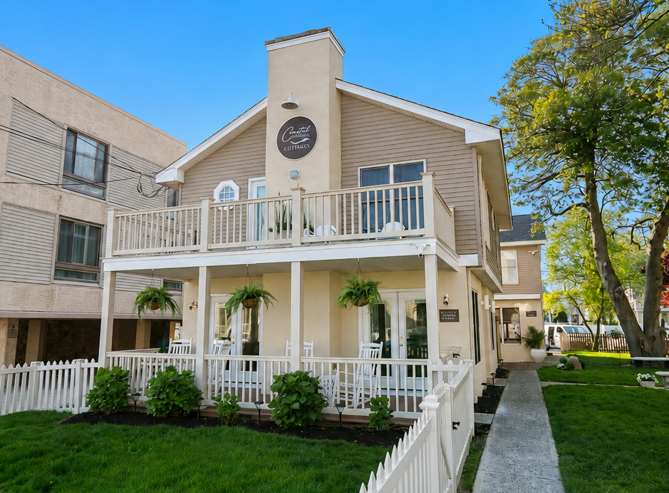 Two-story beige house with white porch railing, black clock on front, and green lawn under blue sky