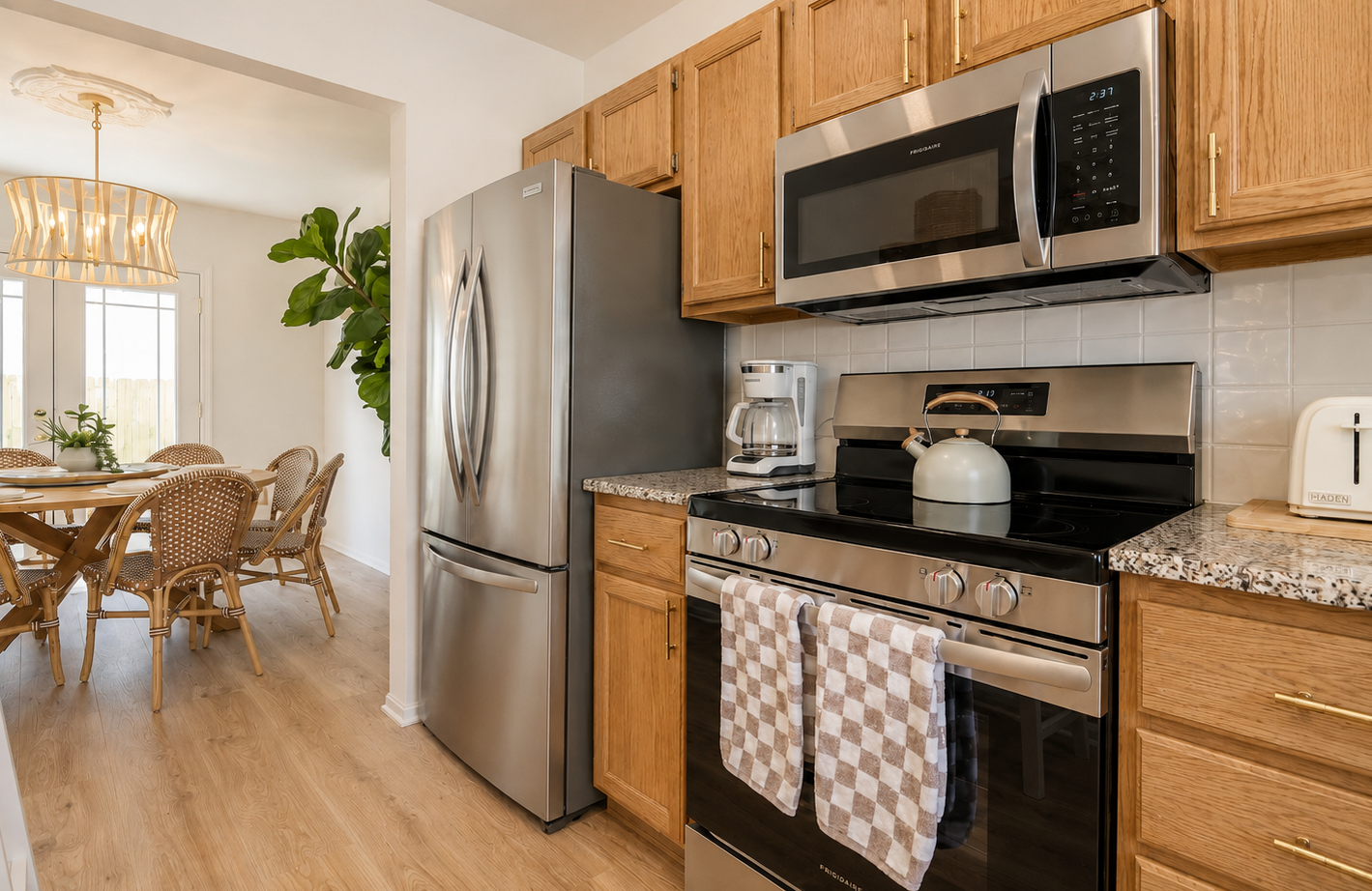 Bright kitchen with stainless steel appliances, wood cabinets, and a dining area in the background