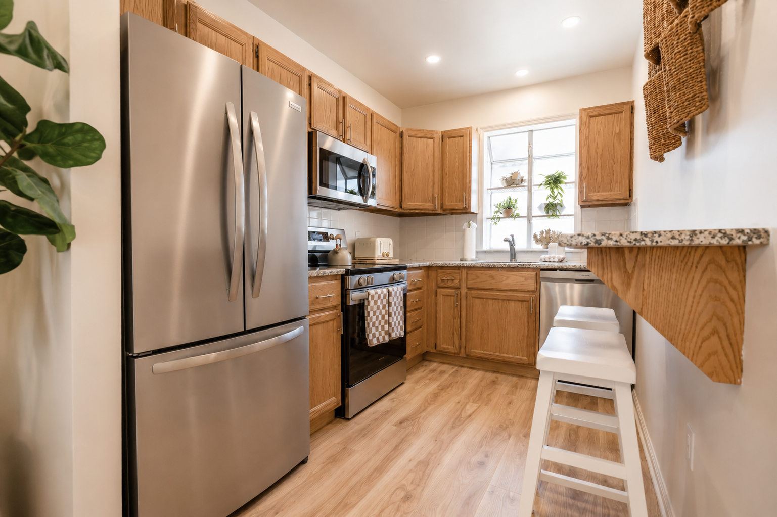 Bright modern kitchen with stainless steel appliances, wood cabinets, and a white breakfast bar with stools