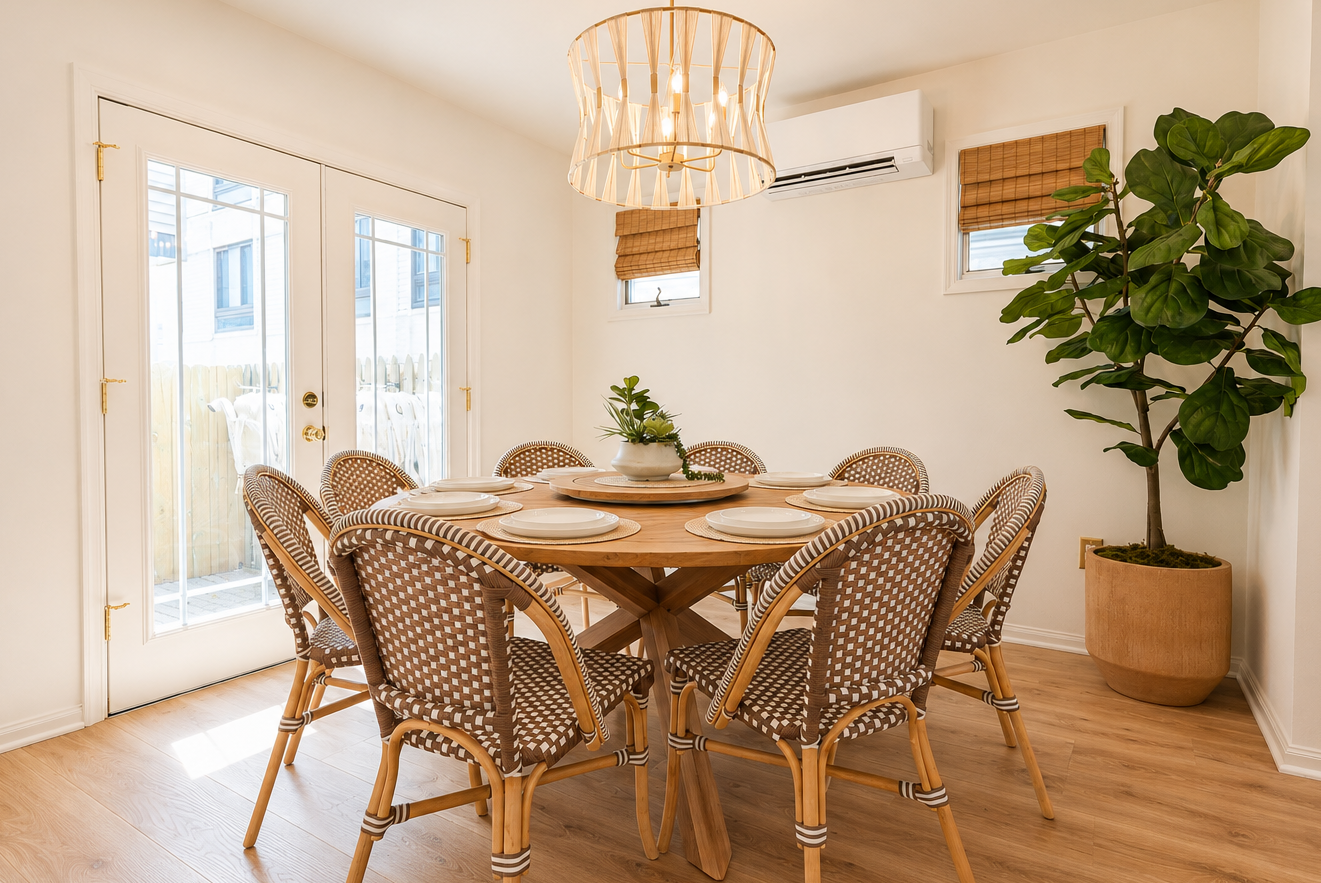 Bright dining room with a round wooden table, wicker chairs, chandelier, and large potted plant