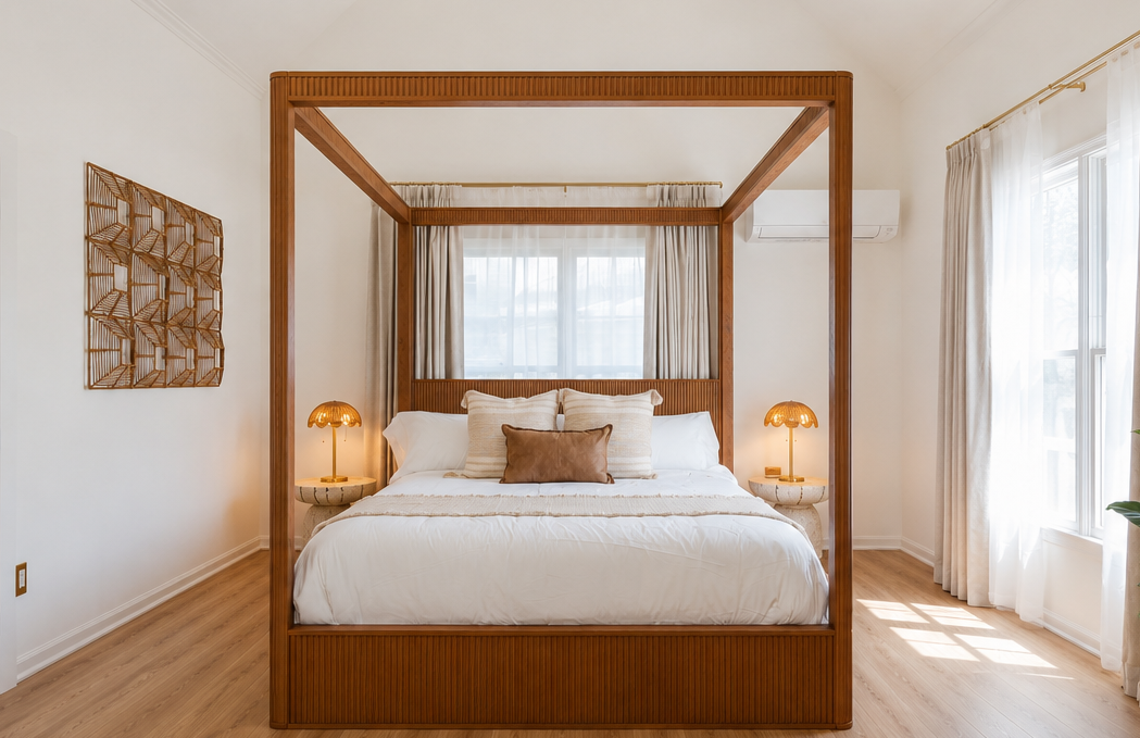 Bright bedroom with a wooden canopy bed, white bedding, and sunlight through sheer curtains