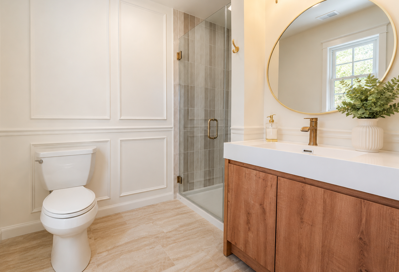 Bright bathroom with a toilet, glass shower, and wood vanity under a round mirror.