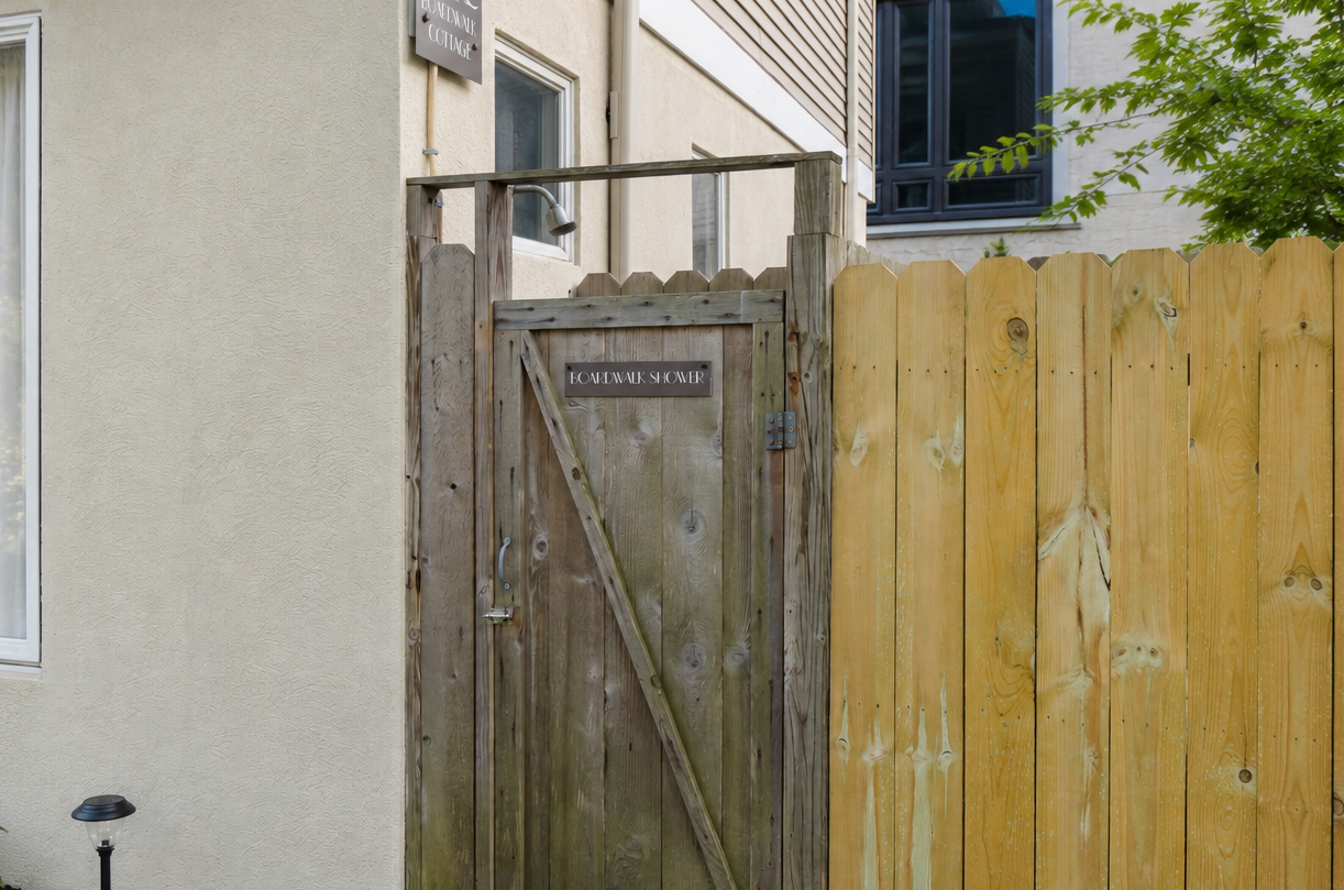 Weathered wooden gate beside a tan stucco house and tall wooden fence, with a black shuttered window above.