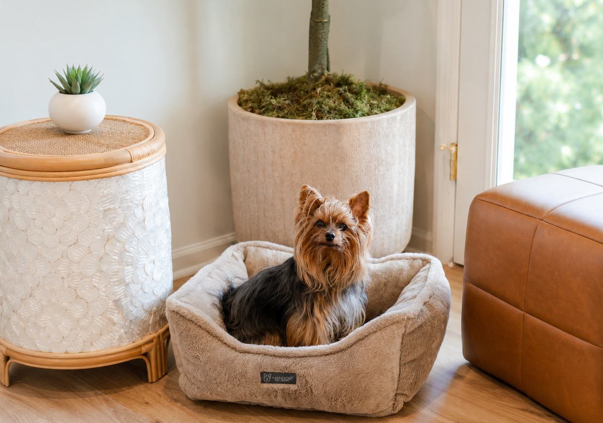Small Yorkshire terrier sitting in a beige dog bed in a bright living room with potted plants.