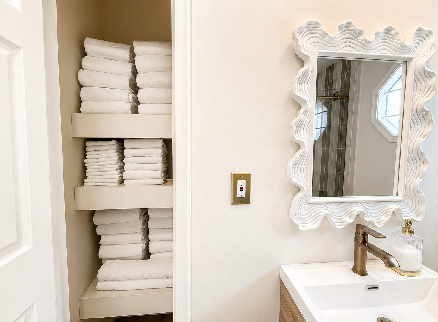 Bathroom with stacked white towels in a built-in shelf beside a sink and ornate mirror.