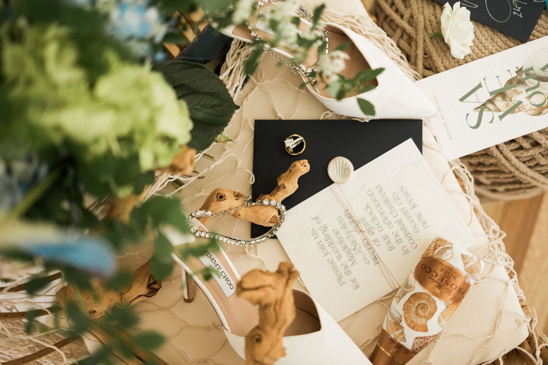 Wedding details: white shoes, invitation, driftwood, seashells, and flowers on a textured surface.
