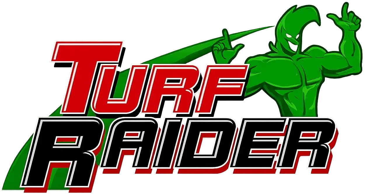 Turf Raider logo with red and black text and a green masked wrestler mascot