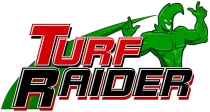 Turf Raider logo with red and black text and a green masked wrestler mascot