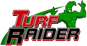 Turf Raider logo with red and black text and a green masked wrestler mascot