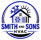 Smith & Sons HVAC logo with blue snowflake and airflow icon on a black shield.