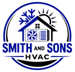 Smith & Sons HVAC logo with blue snowflake and airflow icon on a black shield.