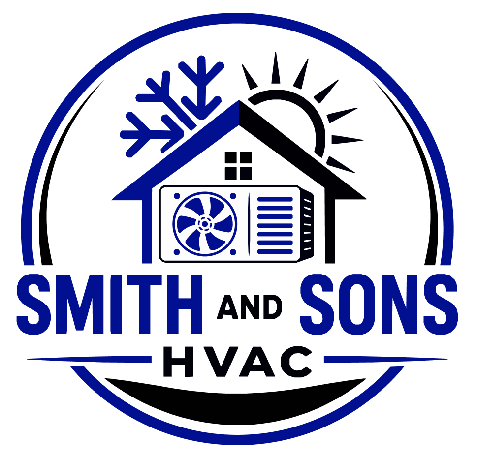 Smith & Sons HVAC logo with blue snowflake and airflow icon on a black shield.