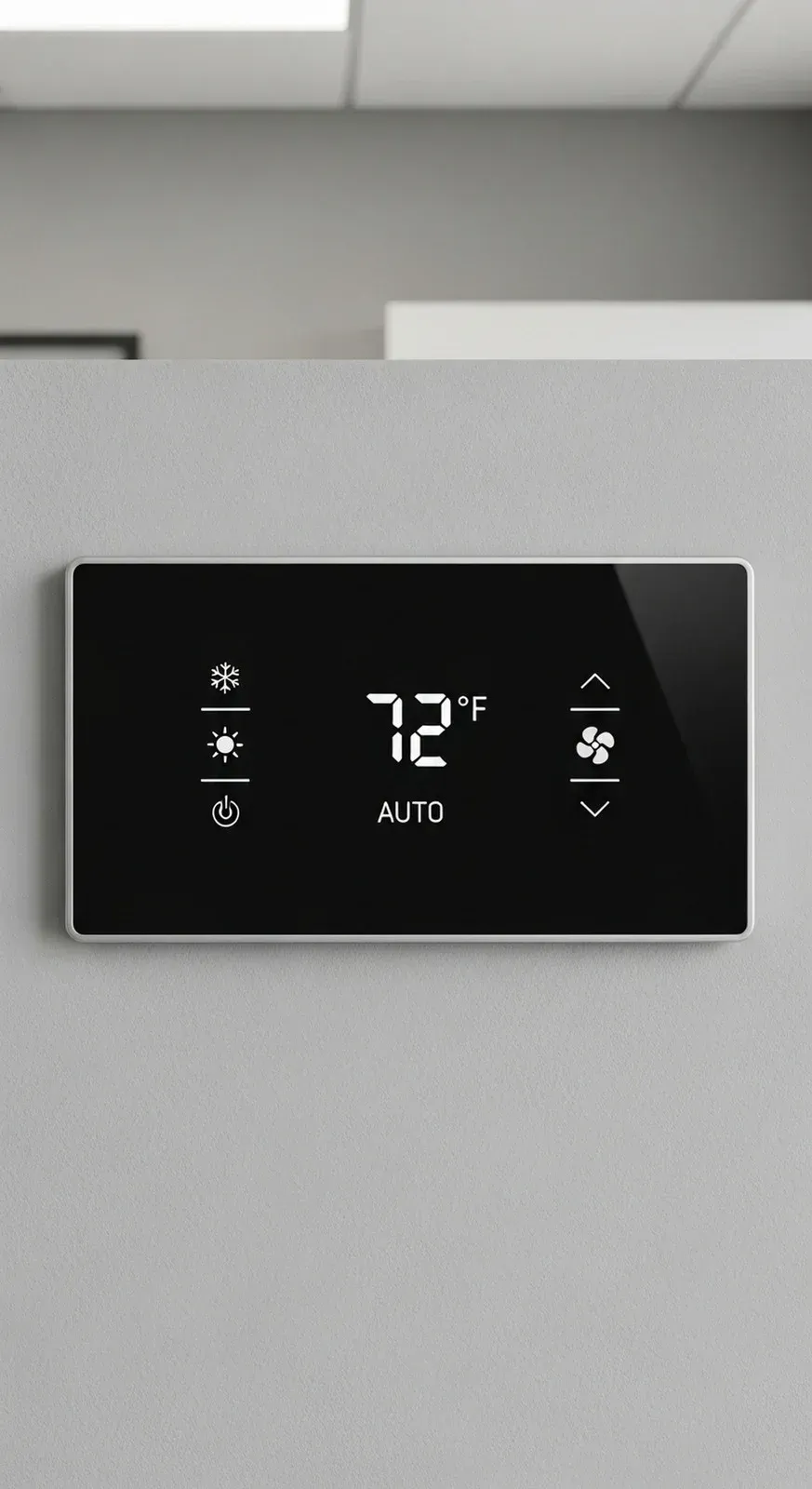 Digital thermostat showing 72°F on a gray wall in an office-like room.