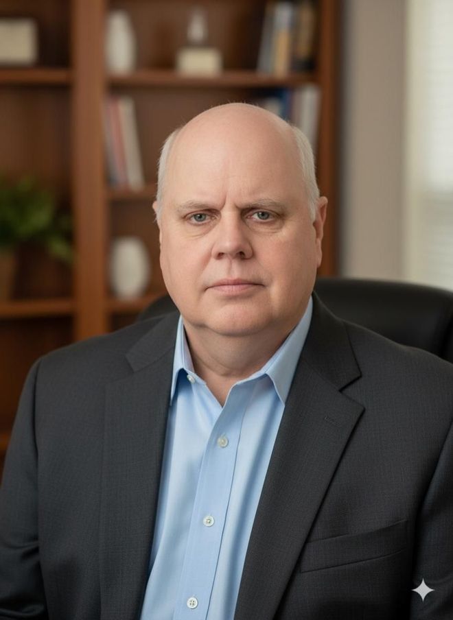 Portrait of a bald man in a dark blazer and light blue shirt, seated indoors before bookshelves.