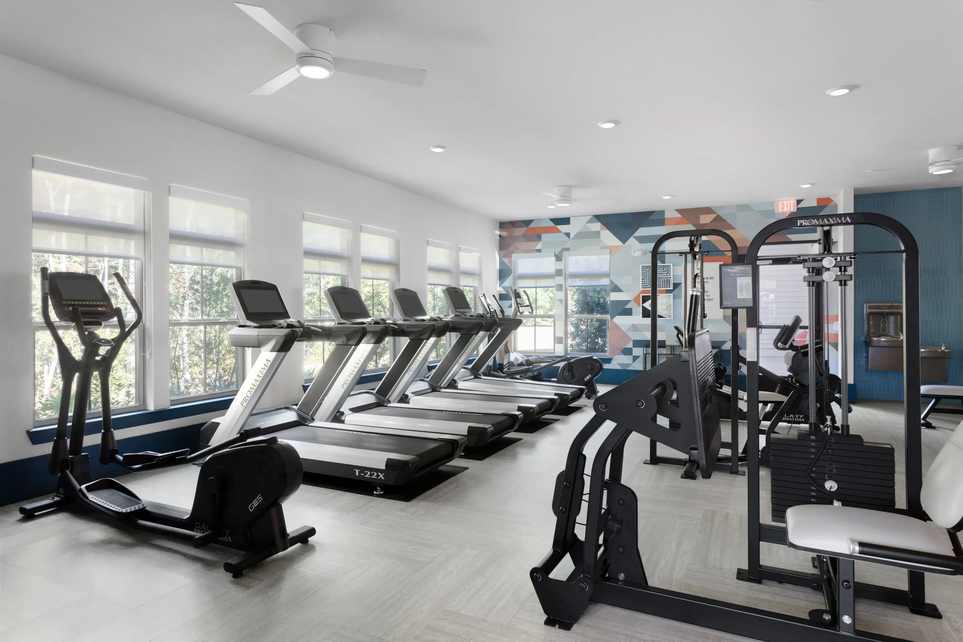 Modern apartment gym with multiple treadmills and weight machines, bright windows, and a colorful geometric mural.
